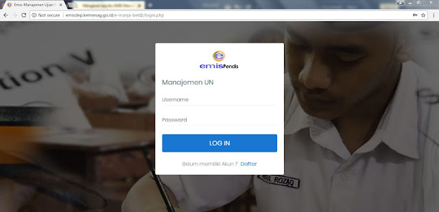 Aplikasi Emis Manajemen UN Kemenag yang beralamat di http Manajemen UN di http://emispendis.kemenag.go.id/e-manajemen-un-ma/login.php