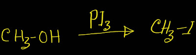 Methanol reacts with phosphorus triiodide(PI₃ )and produce iodomethane(CH₃-I).