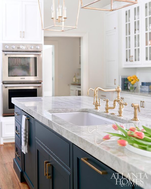 Thick square edge marble countertop Blue Island with brass hardware