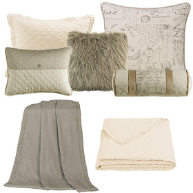 Fairfield Bedding Script Euro sham, Fairfield throw, neckroll and decorative pillow, taupe Mongolian faux fur throw