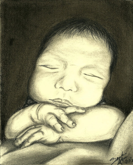 charcoal black and white bw drawing of a cute cuddly sleeping newborn baby 