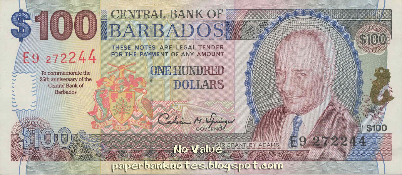 commemorative: Barbados - $100 25th Central Bank Commemorative