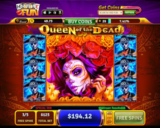 Big winner screen of Queen of the Dead slots from House of Fun at Facebook