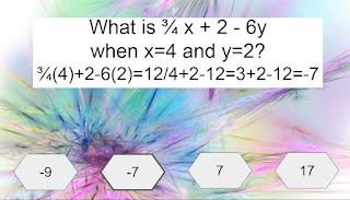 What is ¾ x + 2 - 6y  when x=4 and y=2? ¾(4)+2-6(2)=12/4+2-12=3+2-12=-7