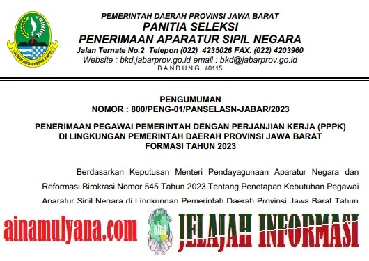 Rincian Formasi Kebutuhan ASN PPPK Jawa Barat (Jabar) Tahun 2023 PDF