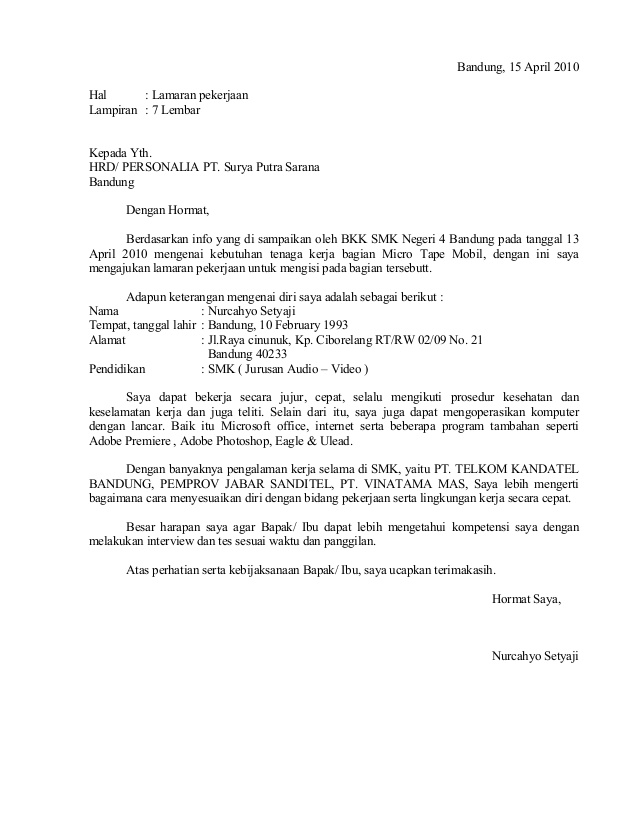 Contoh Surat Lamaran Kerja 2015, Contoh CV Dan Lamaran Kerja, Contoh ...