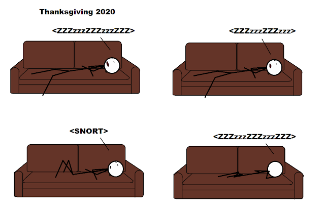 Panel 1, Thanksgiving 2020, I’m sleeping on the couch, panel 2, still sleeping on the couch, panel 3, I snort and move, panel 4, I’ve turned over and am back sleeping on the couch