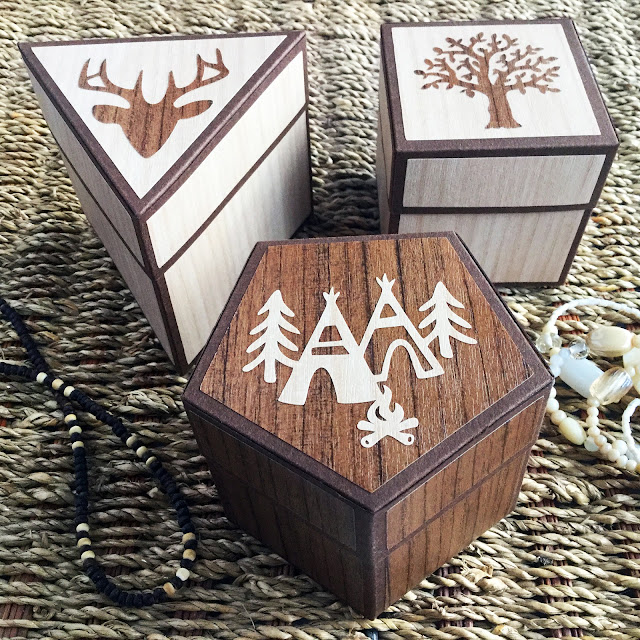 Rustic wood effect gift boxes made with Silhouette Wood Effect Vinyl. Designer Janet Packer (Crafting Quine) for Silhouette UK. Polygon boxes by Lori Whitlock.