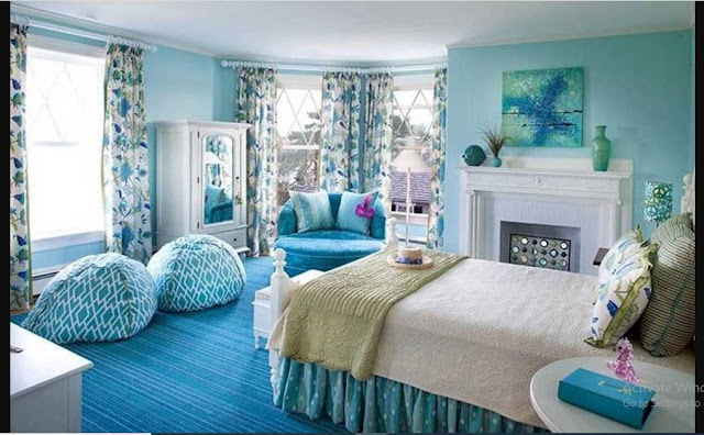 Teal Color House Interior Design with unique ocean themed bedroom furniture and sea