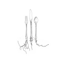 Image of fork, knife, and spoon with roots at their bottom. Copyright, Katie Ries 2010