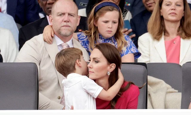 Kate Middleton wore a red bespoke dress by Stella McCartney. Queen Elizabeth, Prince George, Princess Charlotte and Prince Louis