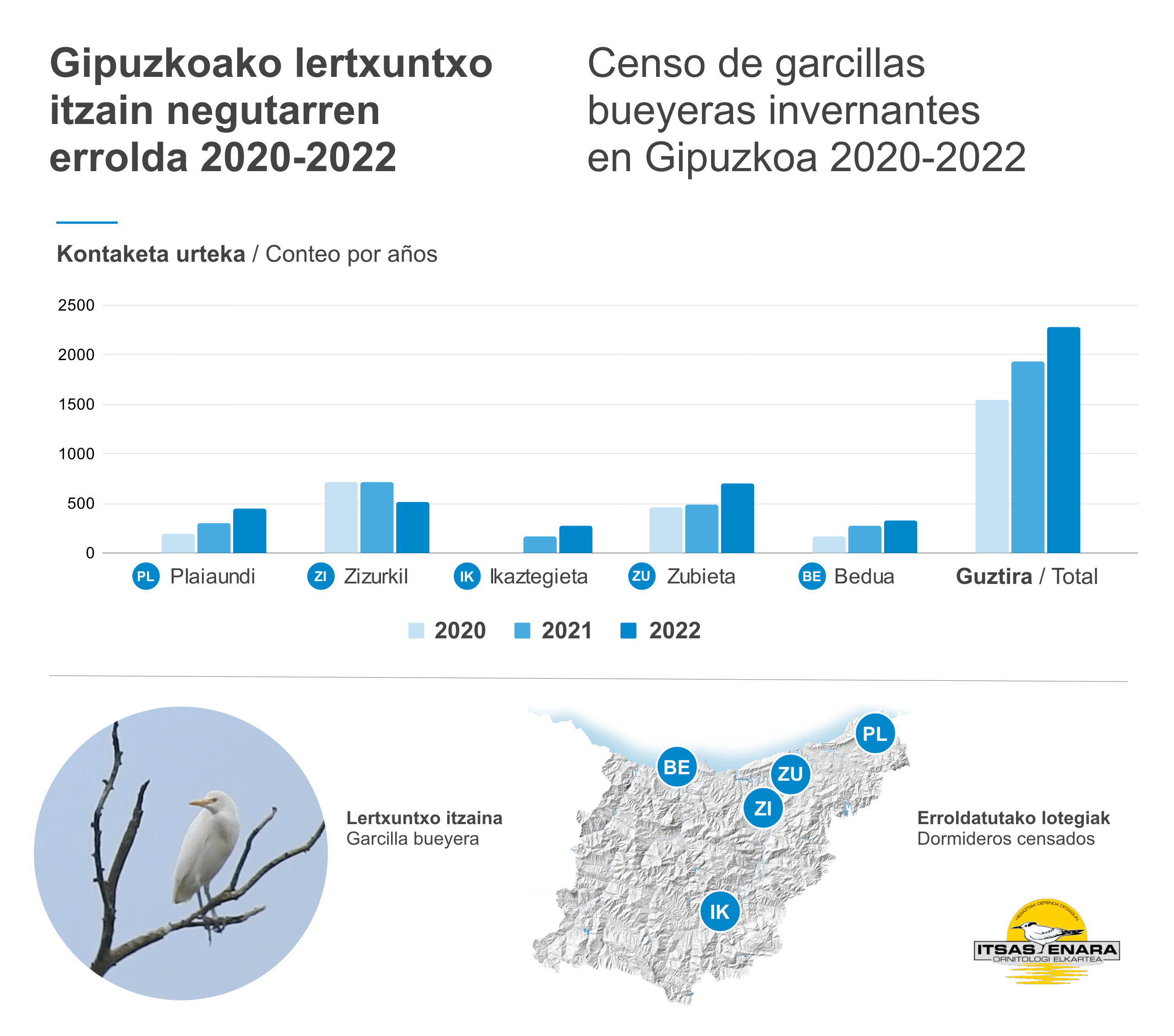 gráfica con las cifras de garcillas invernantes en Gipuzkoa desde 2020 a 2022 para cada dormidero