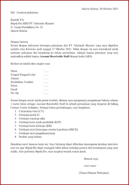 Contoh Application Letter Account Receivable Staff Yang Sudah Berpengalaman Berdasarkan Informasi Dari Website