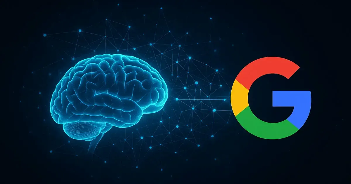 Digital illustration showing the powerful connection between the human brain and Google, symbolizing the contrast between human intelligence and AI in a glowing blue brain design.