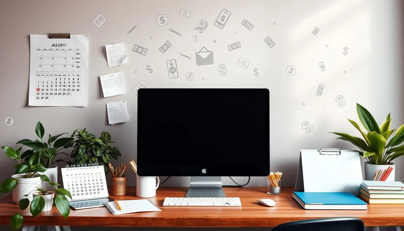 A modern workspace featuring a sleek computer setup, surrounded by digital tools like a calendar, note-taking apps, and project management software, with a backdrop of money symbols subtly integrated into the design, conveying the idea of online income. A warm and inviting atmosphere with plants and organized stationery to reflect productivity and skills associated with a virtual assistant role.