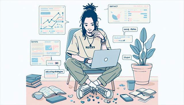 A simple, minimal style illustration in pastel colors featuring a casual-dressed Japanese man with dreadlocks. This scene captures the strategic planning and research phase for affiliate marketing projects, including the development of new bots and adjusting strategies due to potential compliance issues. The illustration should depict the character in a thoughtful pose, with a laptop open to research data or coding software, surrounded by notes and diagrams that symbolize planning and strategy adjustments. There may also be visual cues to represent the transition from one phase of the experiment to another, showing optimism for progress. The artwork should convey a blend of concentration, creativity, and adaptability, reflecting a day dedicated to work and hopes for future success.