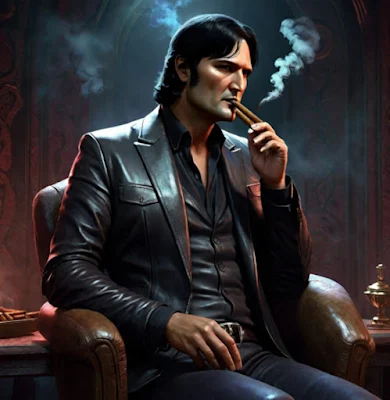 Cartoon like Robert Rodriguez wearing a black leather suit and smoking a cigar sitting in a chair