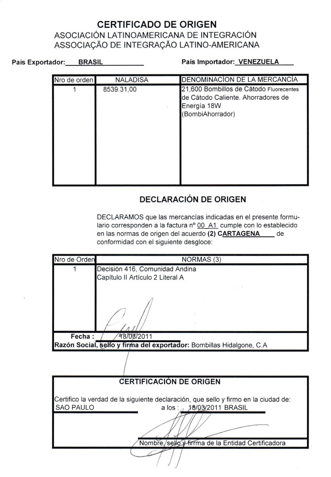 Certificado de origen ejemplo