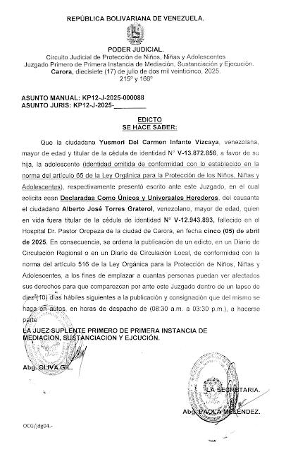 EDICTO DECLARACIÓN HEREDEROS ÚNICOS UNIVERZALES YUSMERI DEL CARMEN INFANTE VISCAYA,  C.I. V-13.872.856.