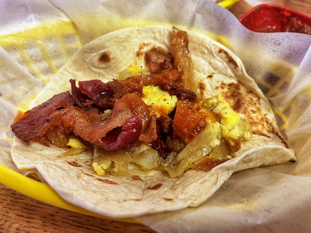 bacon, potato, and chorizo breakfast taco