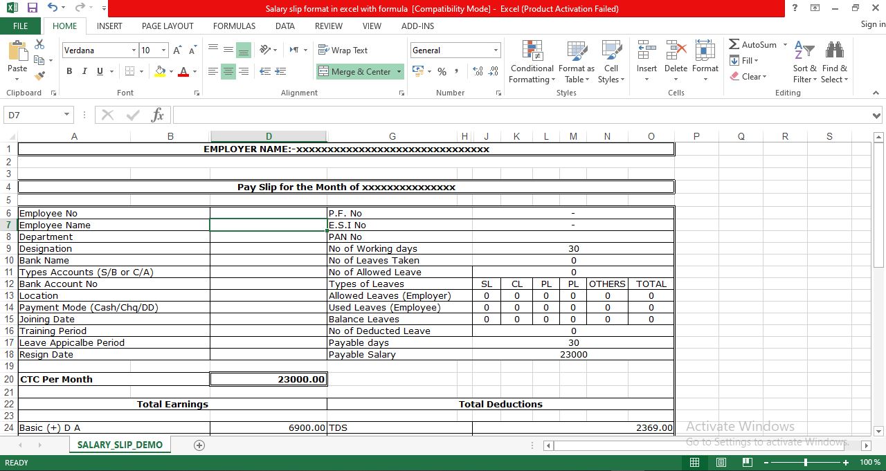 Salary slip format in excel with formula