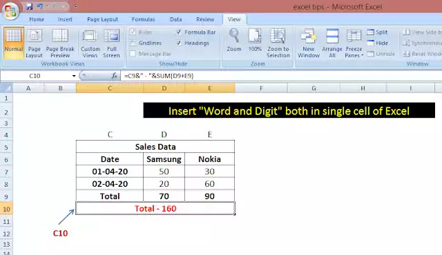 Insert Word and Digit both in a single cell of Excel sheet
