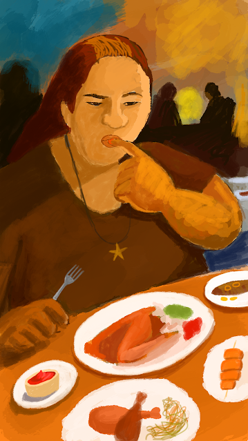 Fat woman tasting a feast of full tangadi chicken and other food items at a dining table