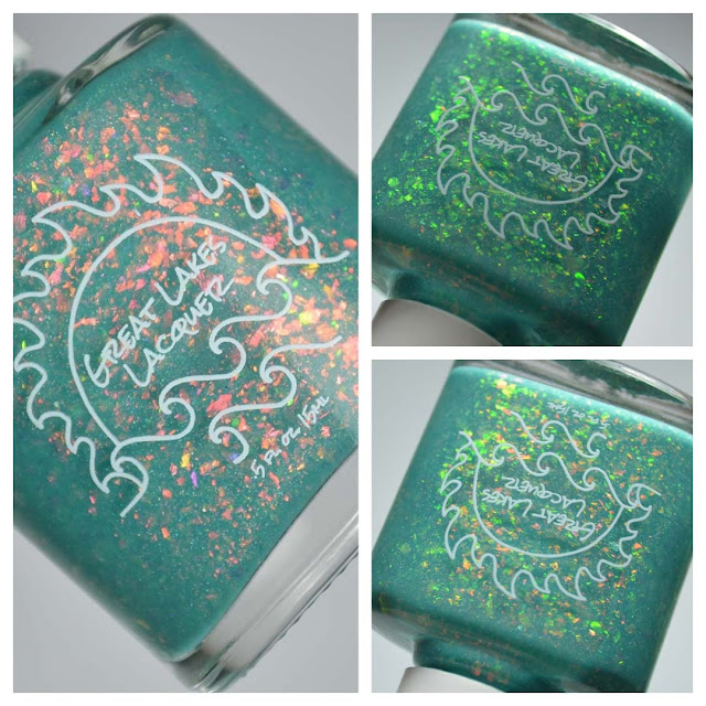 teal nail polish with flakies in a bottle