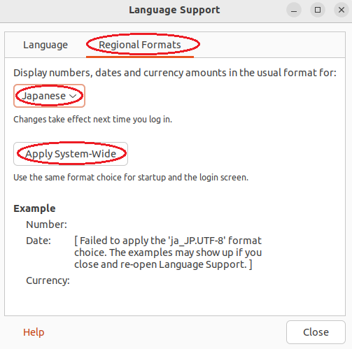 Ubuntu 22.04 Language Support 画面の Regional Formats タブ