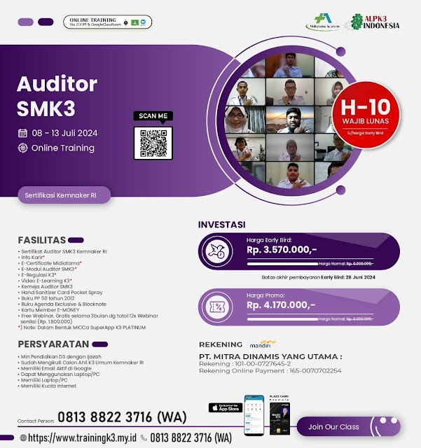 Training Auditor SMK3 sertifikasi kemnaker tgl. 8-13 Juli 2024