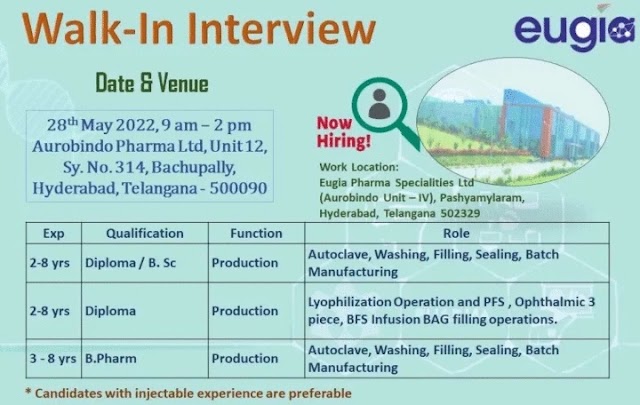 Eugia (Aurobindo Pharma) | Walk-in interview at Hyderabad for Production on 28th May 2022