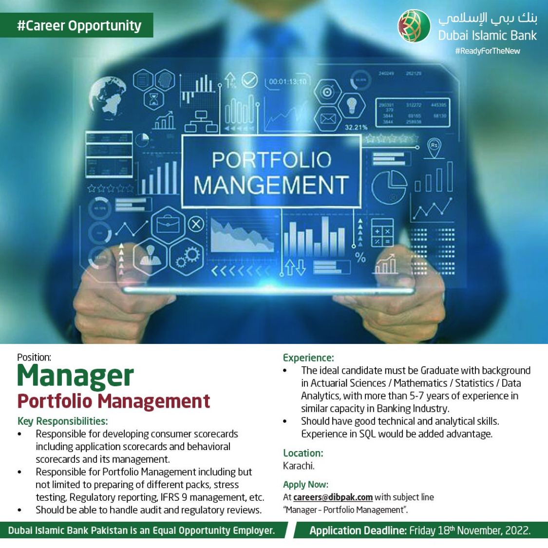 Dubai Islamic Bank Pakistan Limited (DIBPL) Announced Jobs for Manager Portfolio Management