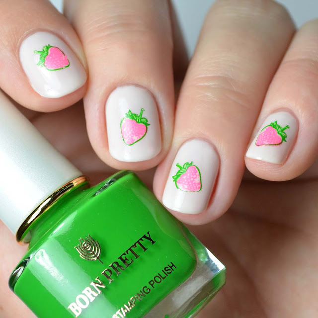 stamped strawberry nail art