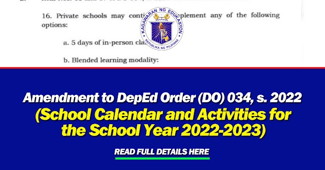 Amendment to DepEd Order (DO) 034, s. 2022 (School Calendar and Activities for the School Year 2022-2023)