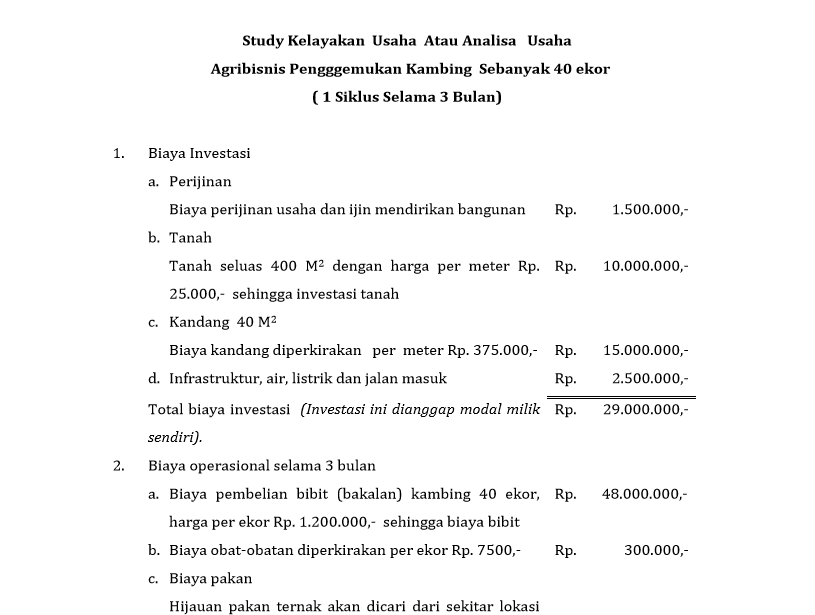 Contoh Perhitungan Study Kelayakan Usaha atau Analisa 