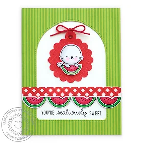 Sunny Studio Blog: Red, White & Green Watermelon Summer Seal Card (using Sealiously Sweet Stamps, Stitched Arch Dies, Scalloped Circle Tag Dies, Striped Silly & Holiday Cheer Paper)