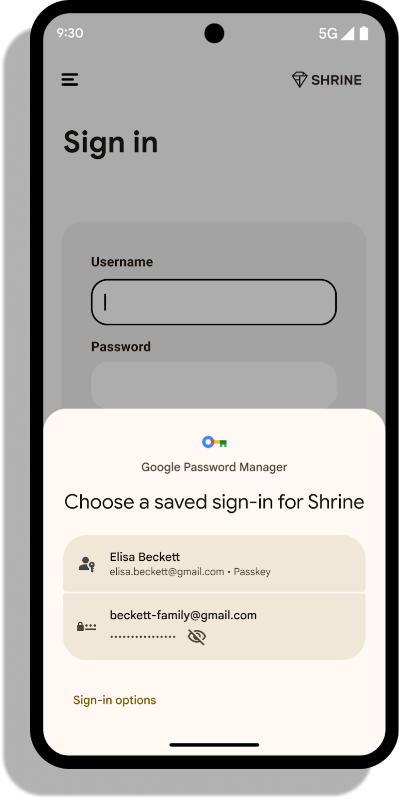 Image showing Credential Manager on an Android device allowing user to choose a saved sign in from list of two accounts