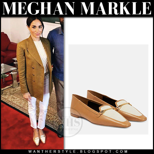 Meghan Markle in brown blazer, white jeans and beige loafers
