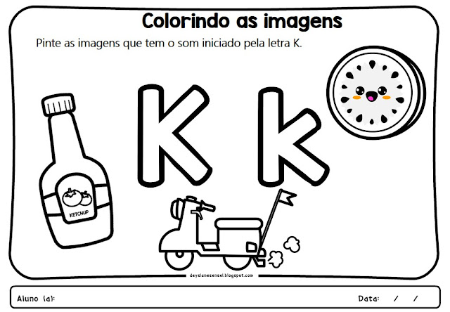 Procure pelas imagens que têm o som inicial da letra K e pinte-as com cores vibrantes.