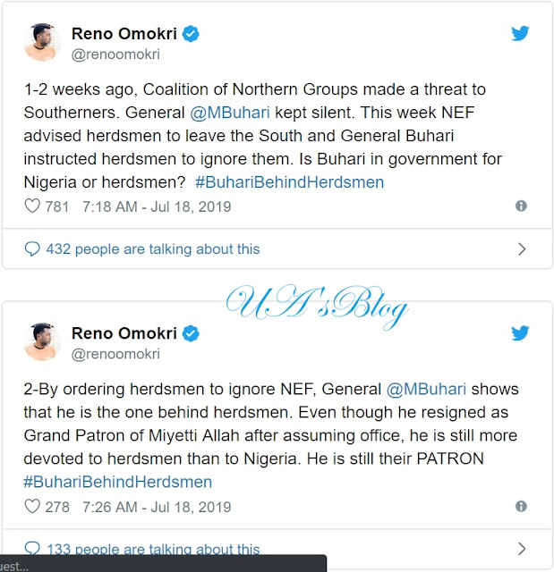 2 weeks ago, CNG threatened Southerners and president Buhari kept silent. This week NEF advised herdsmen to leave the South but Buhari instructs herdsmen to ignore them. Is Buhari in government for Nigeria or herdsmen? Asked Reno