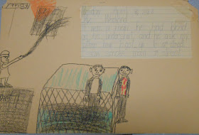 A child's illustration and writing recounting an incident with a man in a bloody shirt asking for directions.