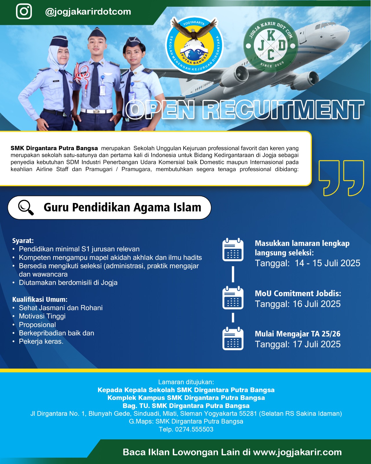 Loker Sleman Bulan Juli 2025 di SMK Dirgantara Putra Bangsa