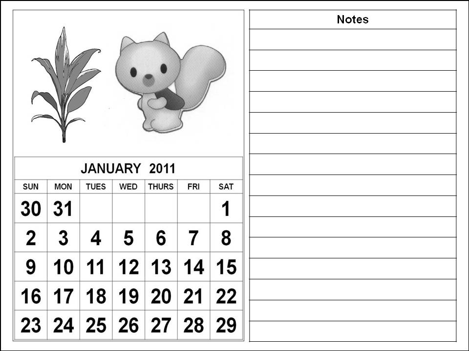Black and White Cute Cartoons 2011 Calendar Coloring Pages - January 2011