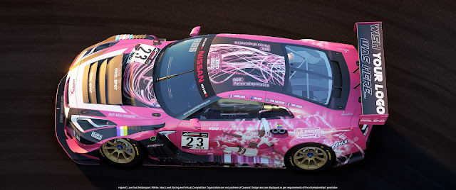 Picture from Assetto Corsa Competizione: a Nissan GTR Nismo GT3 in the Queens' Design colours. It is pink with matte black and glossy white accents. On the sides is Victoire Laviolette, the team's mascot.