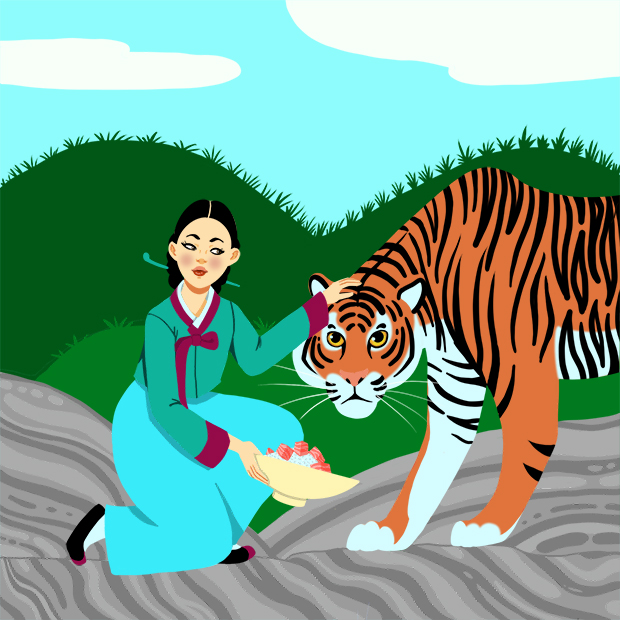 A drawing of a woman in a hanbok serving a bowl of meat and rice to a tiger