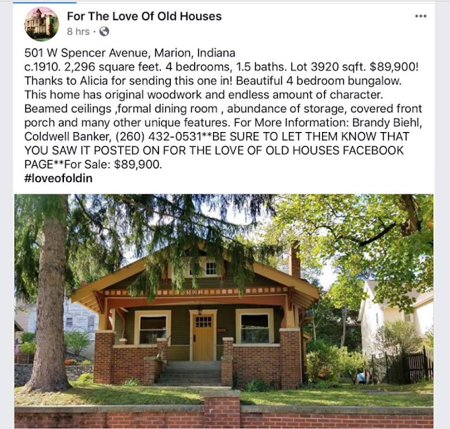 post on Facebook page For the Love Of Old Houses, showing the front of Sears Belmont at 501 W. Spencer Avenue, Marion, Indiana