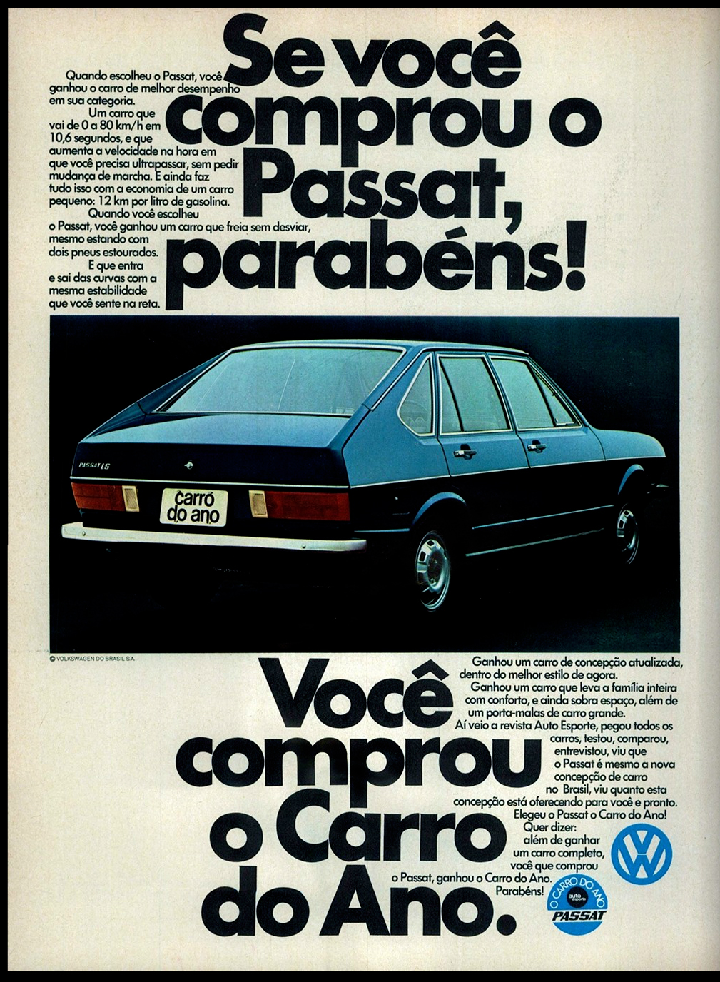 Anúncio antigo da Volkswagen promovendo o Passat como o carro do ano em 1975