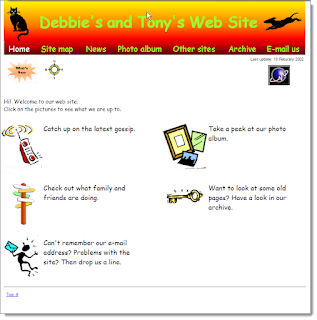 Home page of our news website at the start of 2002. White background and cartoon and text links