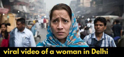 A woman walking alone in a bustling Delhi street with a concerned expression.