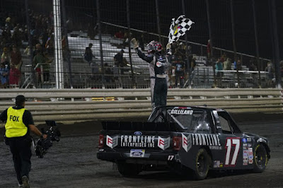 Todd Gilliland celebrates after winning the #NCWTS Clean Harbors 150.